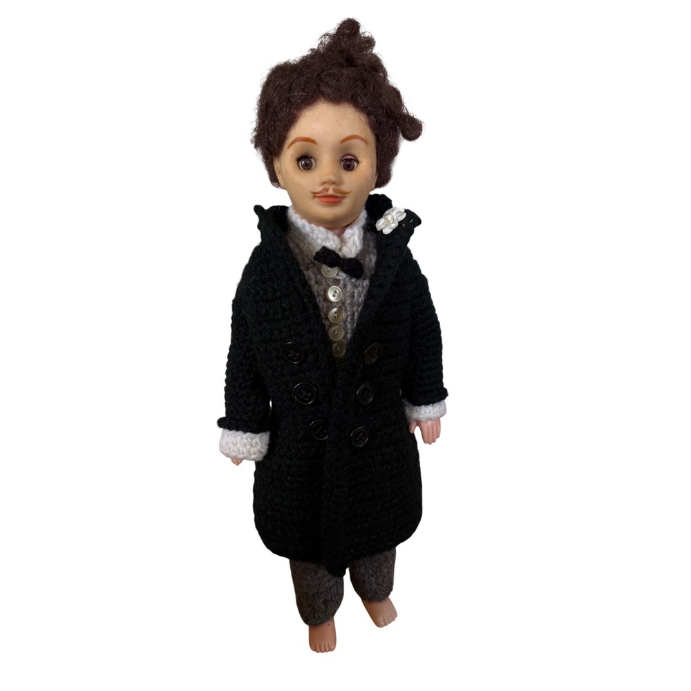 Vintage Gentleman Doll Handmade Crochet Tuxedo Suit Black Overcoat Mustache 12"